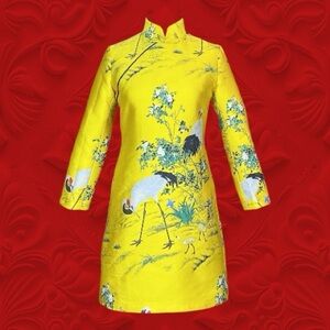 Yellow Crane Floral Print Cheongsam Qipao Mandarin Collar Min Dress Size M